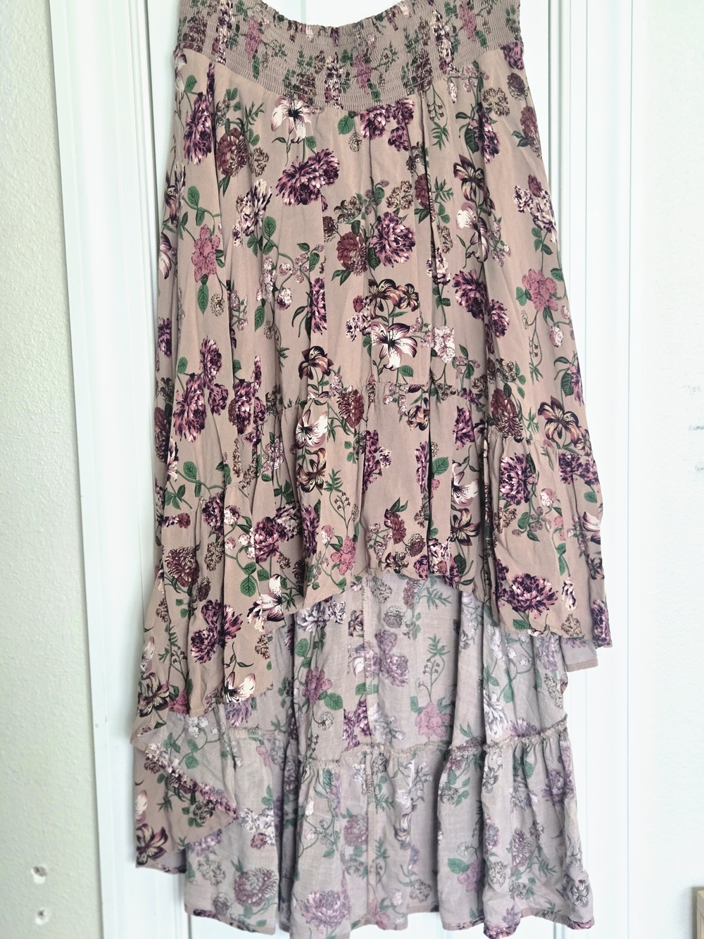 Xhilaration Beige Asymmetrical Floral Maxi Skirt with Purple Print